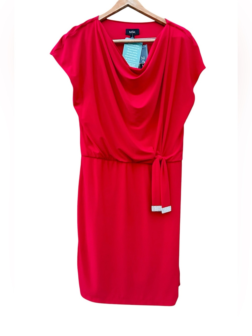 NWT MSK Red Dress Rhinestone Belt Cowl Neck Sz. Large